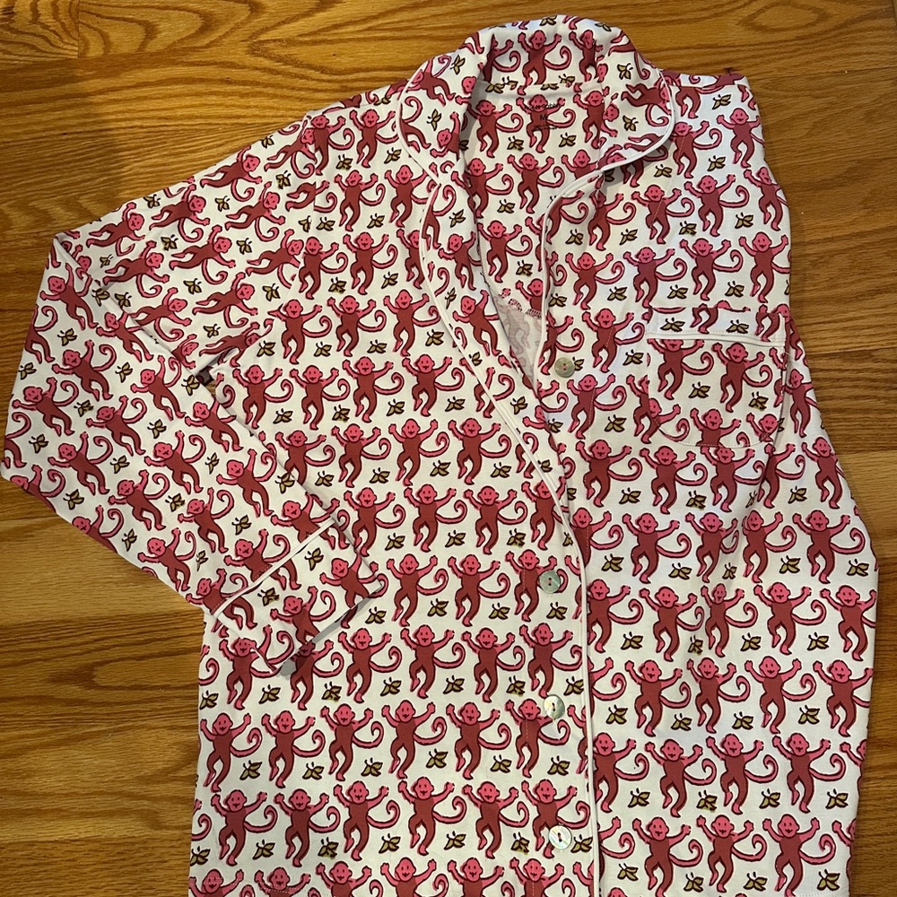 Roller Rabbit Pink and White Monkey Print Pajama Top and Bottoms - Picture 3 of 4